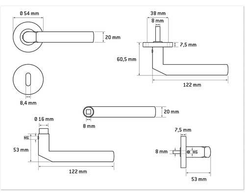 Technische tekening van een deurkruk met afmetingen