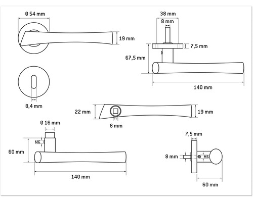 Technische tekening van een deurklink met afmetingen