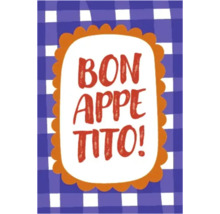 Illustratie met de tekst Eet smakelijk op een geruite achtergrond