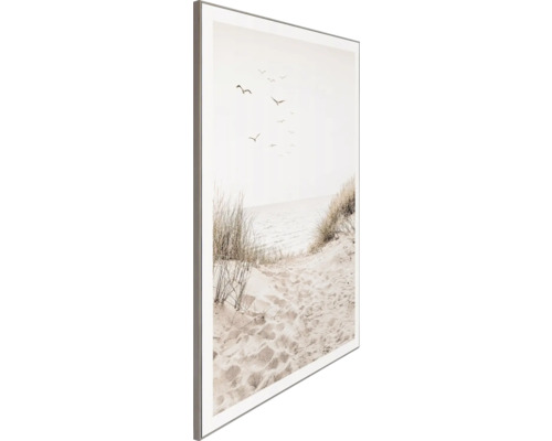 Ingelijste afbeelding met strandthema, zand, grassen en vogels