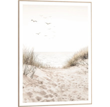 Ingelijste afbeelding met strandthema, zand, zee en meeuwen