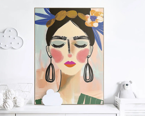 Schilderij met portret van een vrouw met bloemen in haar haar als wanddecoratie