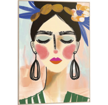 Schilderij met een portret van een vrouw met bloemen in haar haar en oorbellen