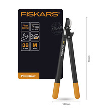 Fiskars logo. Fiskars PowerGear hefboomschaar L74 met FiberComp en antiaanbaklaag, snijdiameter 38 millimeter, maat M, circa 55 centimeter lang en 18,3 centimeter breed.