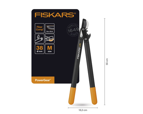 Fiskars logo. Fiskars PowerGear hefboomschaar L74 met FiberComp en antiaanbaklaag, snijdiameter 38 millimeter, maat M, circa 55 centimeter lang en 18,3 centimeter breed.