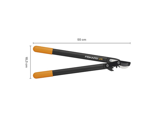 Fiskars L74 heggenschaar met tandwieloverbrenging, lengte 55 cm en breedte 18,3 cm.