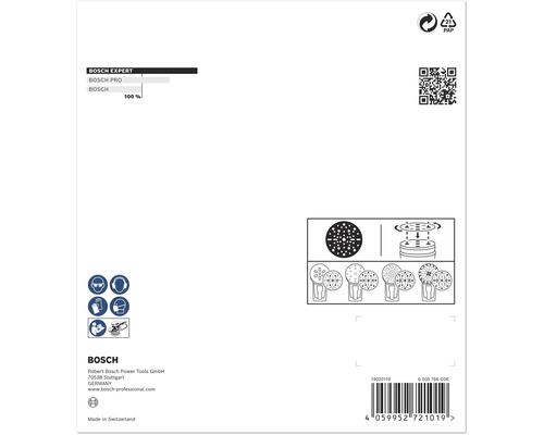 Bosch logo, informatie over veiligheidsmaatregelen, toepassingsinstructies en barcode.