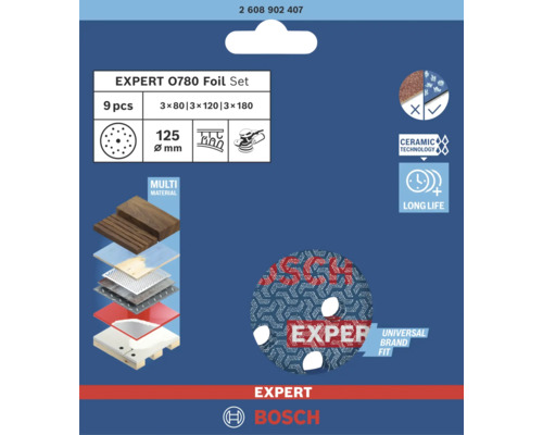 Bosch Expert 0780 folieset, 9-delig, korrelgroottes 80, 120 en 180, diameter 125 mm
