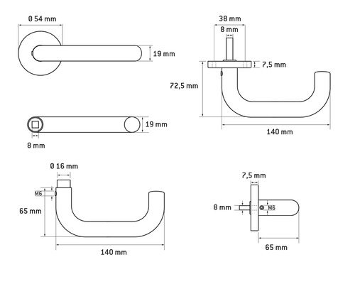 Technische tekening van een deurklink met afmetingen