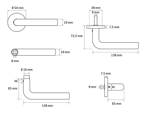 Technische tekening van een deurklink met maataanduidingen