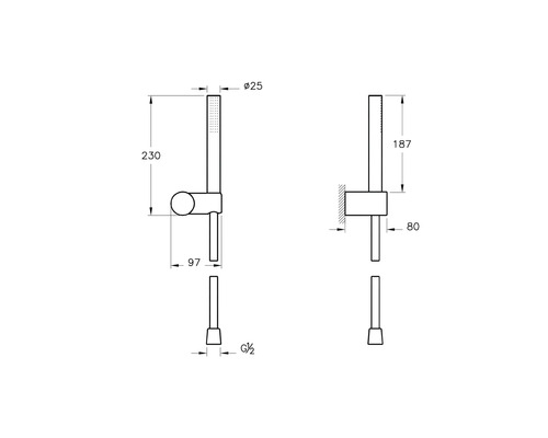 Technische tekening van een douchestang met afmetingen