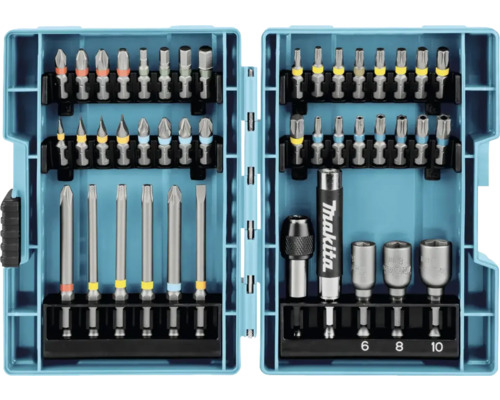 Makita Logo bitset met diverse schroefbits en dopsleutels in een uitklapbare box