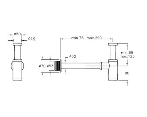 Technische tekening van een sifon met afmetingen