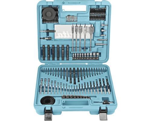 Makita boor- en bitset in een open blauwe koffer