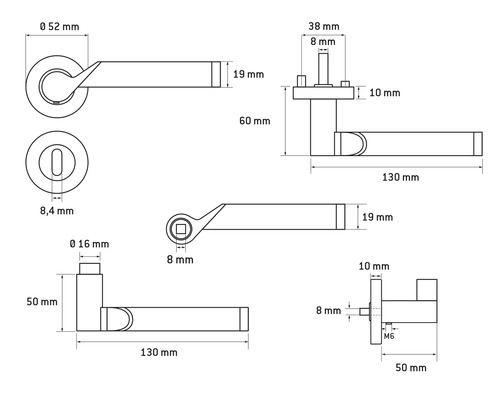Technische tekening van een deurkruk met afmetingen