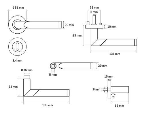 Technische tekening van een deurklink met afmetingen