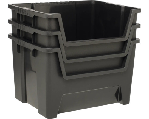 Drie in elkaar gestapelde kunststof opbergbakken