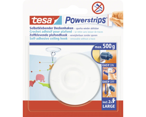 Tesa Powerstrips zelfklevende plafondhaken, verwijderbaar zonder sporen, maximale belasting 500 gram, twee stuks maat Large