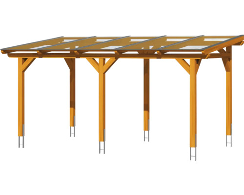 Houten carport met zes palen en transparant dak
