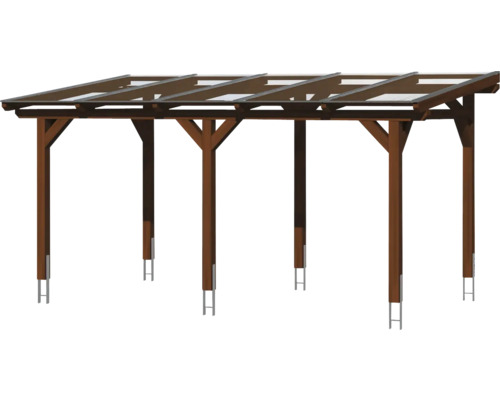 Houten carport met zes steunen en een transparant dak