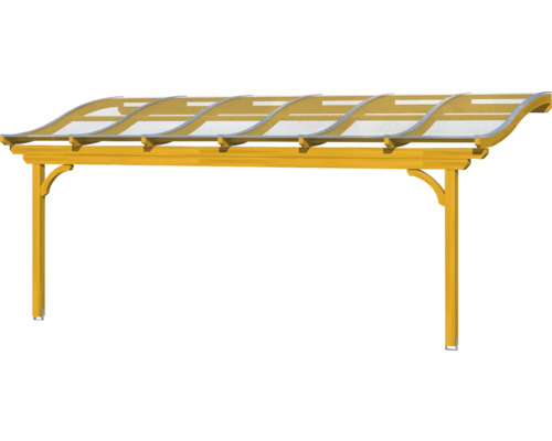 Houten carport met gebogen dakvorm en transparante overkapping