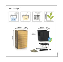 Afbeelding van een Palo 45 high plantenbak met afmetingen en Aqua System