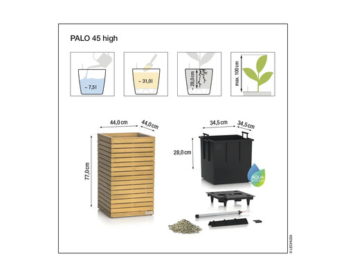 Afbeelding van een Palo 45 high plantenbak met afmetingen en Aqua System