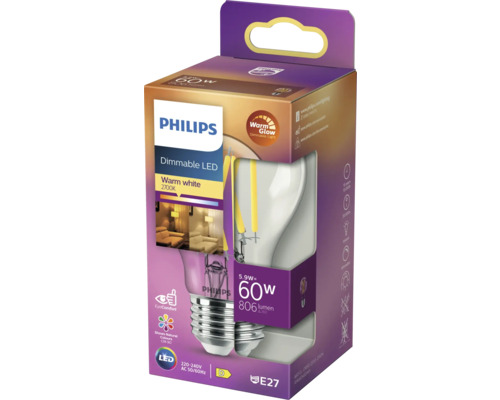 Philips ledlamp, dimbaar, 5,9 watt met E27 fitting in productverpakking