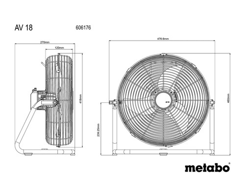 Maattekening van een ventilator met de afmetingen 270 mm, 120 mm, 418 mm, 476,6 mm, 460 mm en 239,25 mm, plus het Metabo logo