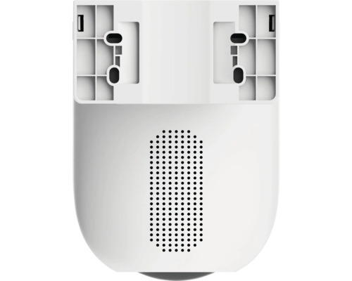 Gedetailleerde weergave van een witte bewakingscamera met luidspreker en houder