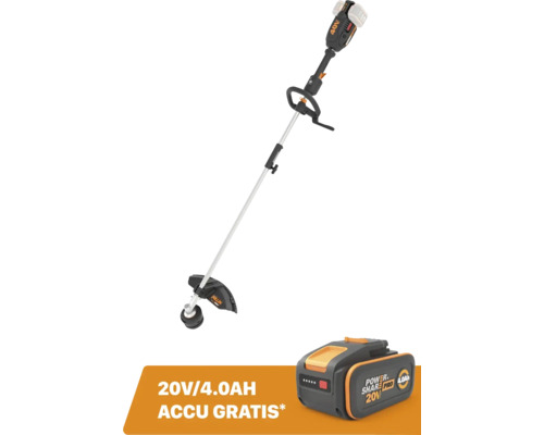Worx Nitro 40 Volt accu grastrimmer met beugelhandgreep en rechte steel, inclusief een gratis 20 Volt 4,0 Ampère-uur accu.