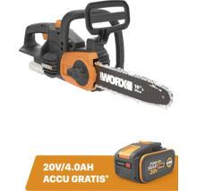 Worx accu-kettingzaag met 25 centimeter zwaardlengte en gratis 20 Volt 4,0 Ampère-uur Power Share Pro accu.