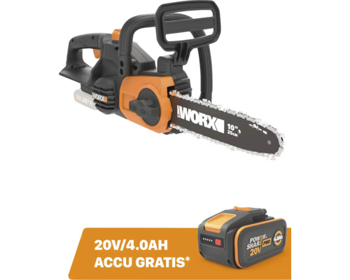 Worx accu-kettingzaag met 25 centimeter zwaardlengte en gratis 20 Volt 4,0 Ampère-uur Power Share Pro accu.
