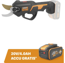 Accu-snoeischaar Worx Nitro inclusief gratis 20 Volt 4,0 Ampere-uur accu.