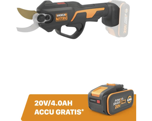 Accu-snoeischaar Worx Nitro inclusief gratis 20 Volt 4,0 Ampere-uur accu.