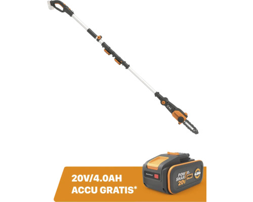 Worx accu hoogsnoeier met uitschuifbare telescoopsteel en gratis 20 Volt 4,0 Ampère-uur accu.