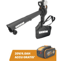 Worx accu bladzuiger en blazer met opvangzak, wielen en gratis accu 20 Volt 4,0 Ampere-uur.