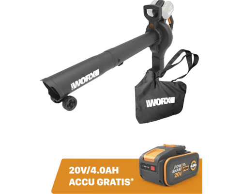 Worx accu bladzuiger en blazer met opvangzak, wielen en gratis accu 20 Volt 4,0 Ampere-uur.