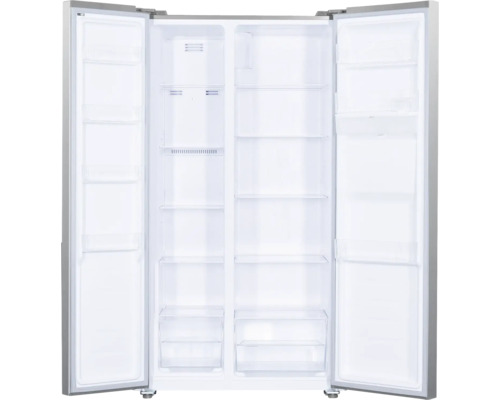 Geopende side-by-side koelkast met planken en laden