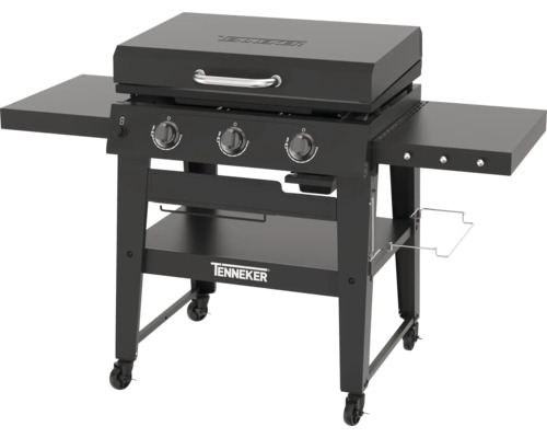 Zwarte Tenneker gasbarbecue met drie branders, opbergvakken en wielen