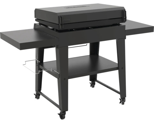 Zwarte grillwagen met opbergruimtes en wielen