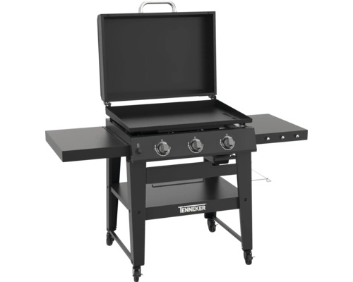 Zwarte gasbarbecue met drie branders, afdekking en opbergruimten aan de zijkanten