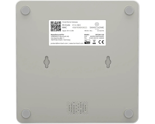 Smart Home Gateway met QR-code, MAC-adres, modelnummer en fabrikantinformatie.