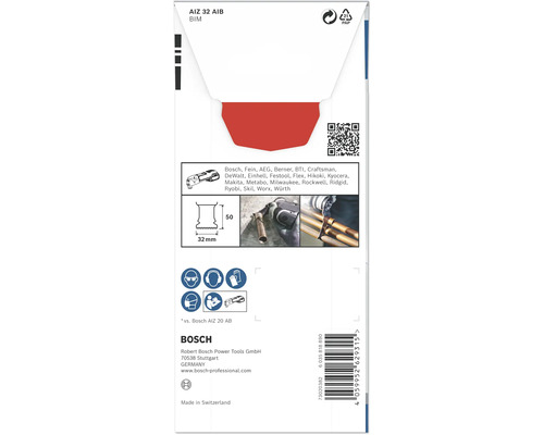 Verpakking van een Bosch AIZ 32 AIB BIM zaagblad met maatvoering, toepassingsvoorbeelden en logo's van diverse gereedschapsmerken
