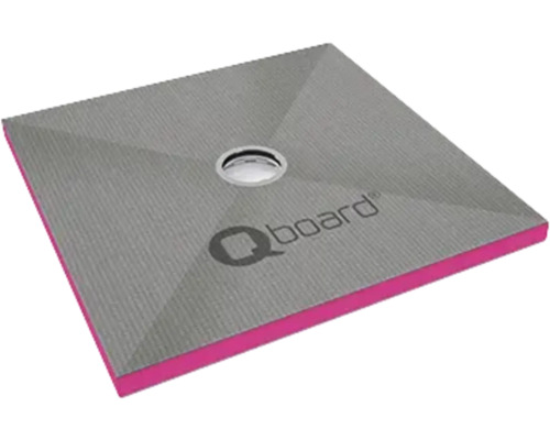 Vierkante douchebak met afvoer en Qboard-logo.