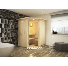 Houten hoeksauna met glazen deur in de badkamer