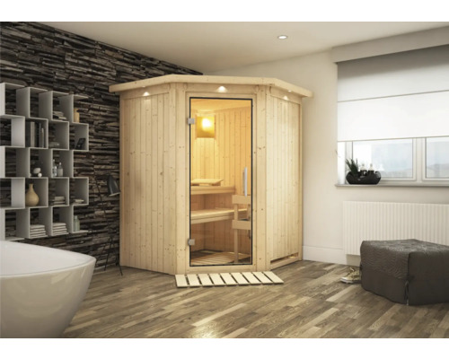 Houten hoeksauna met glazen deur in de badkamer