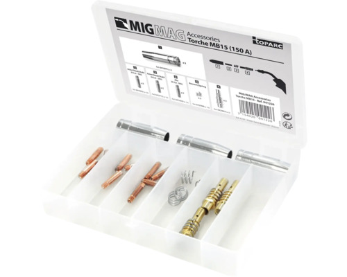 MIG MAG brander MB15 accessoireset in een witte doos.