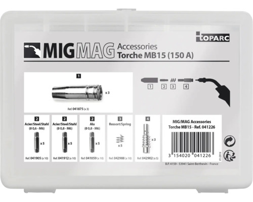 MIG MAG accessoire set voor lastoorts MB15 met spuitmonden, contactbuizen en veren