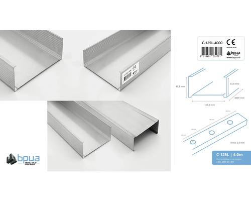 C-profiel voor droogbouw met de afmetingen 125 x 4000 millimeter
